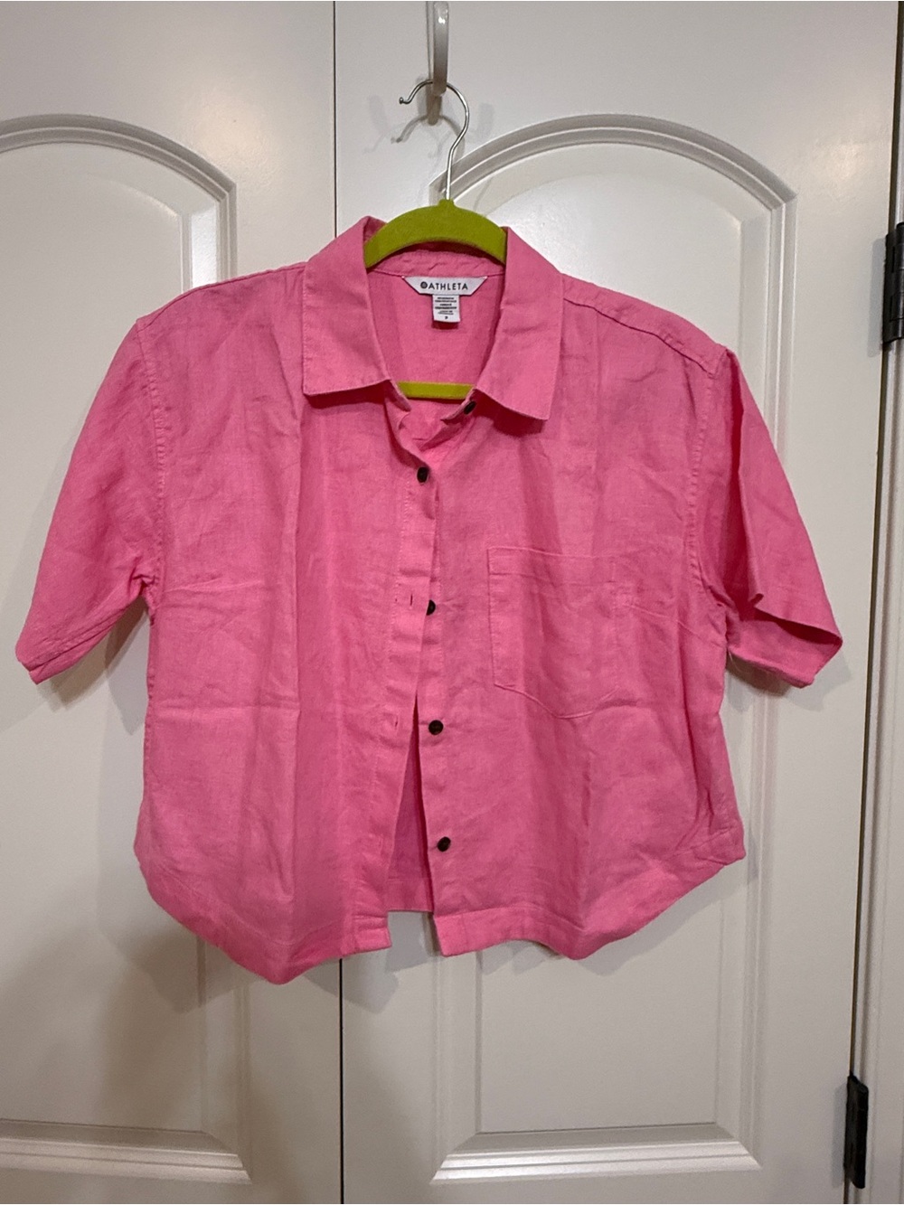 Athleta Pink linen Short-Sleeve Button Front Shirt